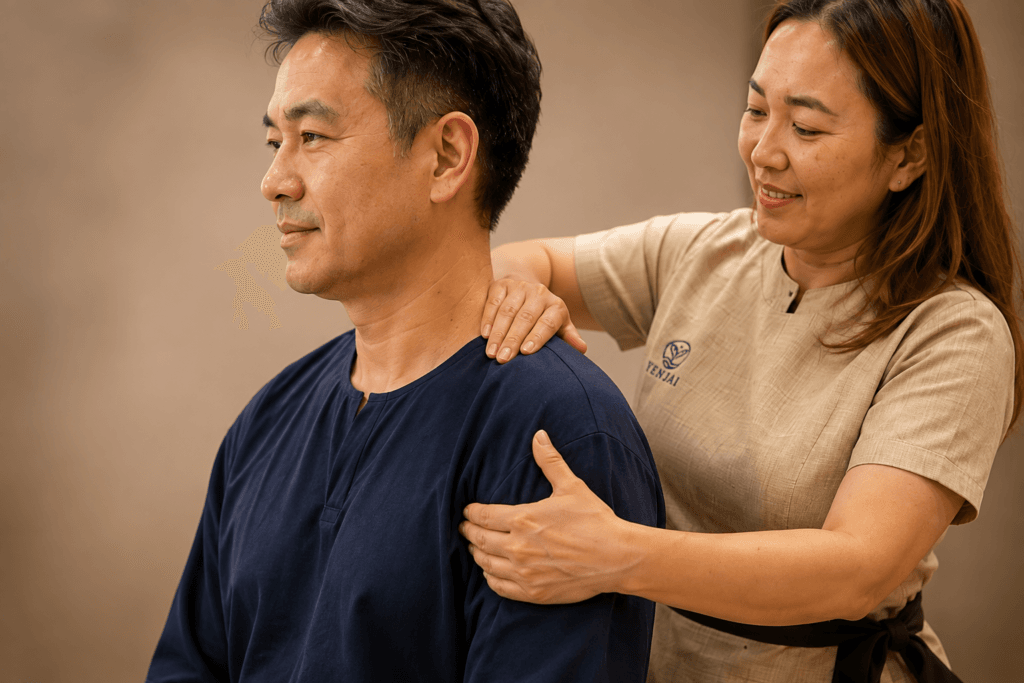 Office Syndrome massage combines traditional Thai massage stretching techniques with focused treatment on trigger points.