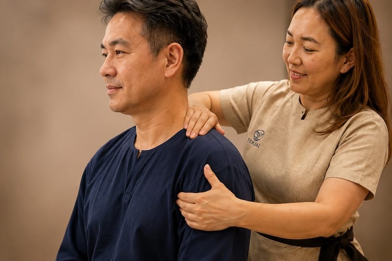 Thai massage has been shown to alleviate symptoms Office Syndrome problem areas: hands and wrists; arms, neck, and shoulders; lower back and hips.